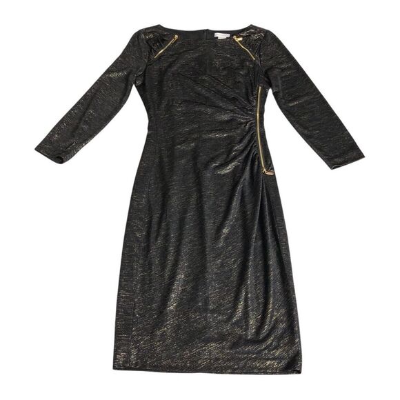 Cache Dress Womens S Black Metallic Gold Sheath Bodycon Lined Zipper Accent Chic - Picture 1 of 16